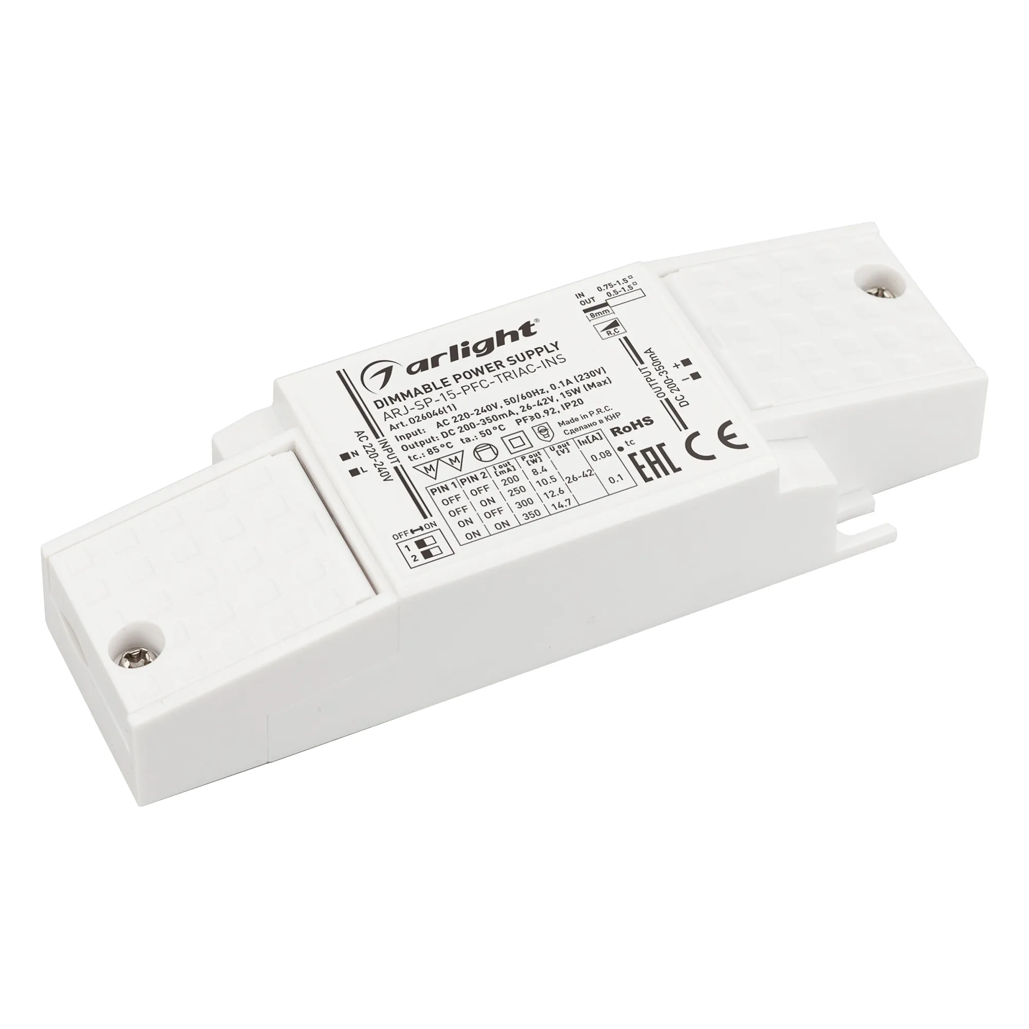Блок питания ARJ-SP-15-PFC-TRIAC-INS (15W, 26-42V, 0.2-0.35A) (Arlight, IP20 Пластик, 5 лет) - изображение товара