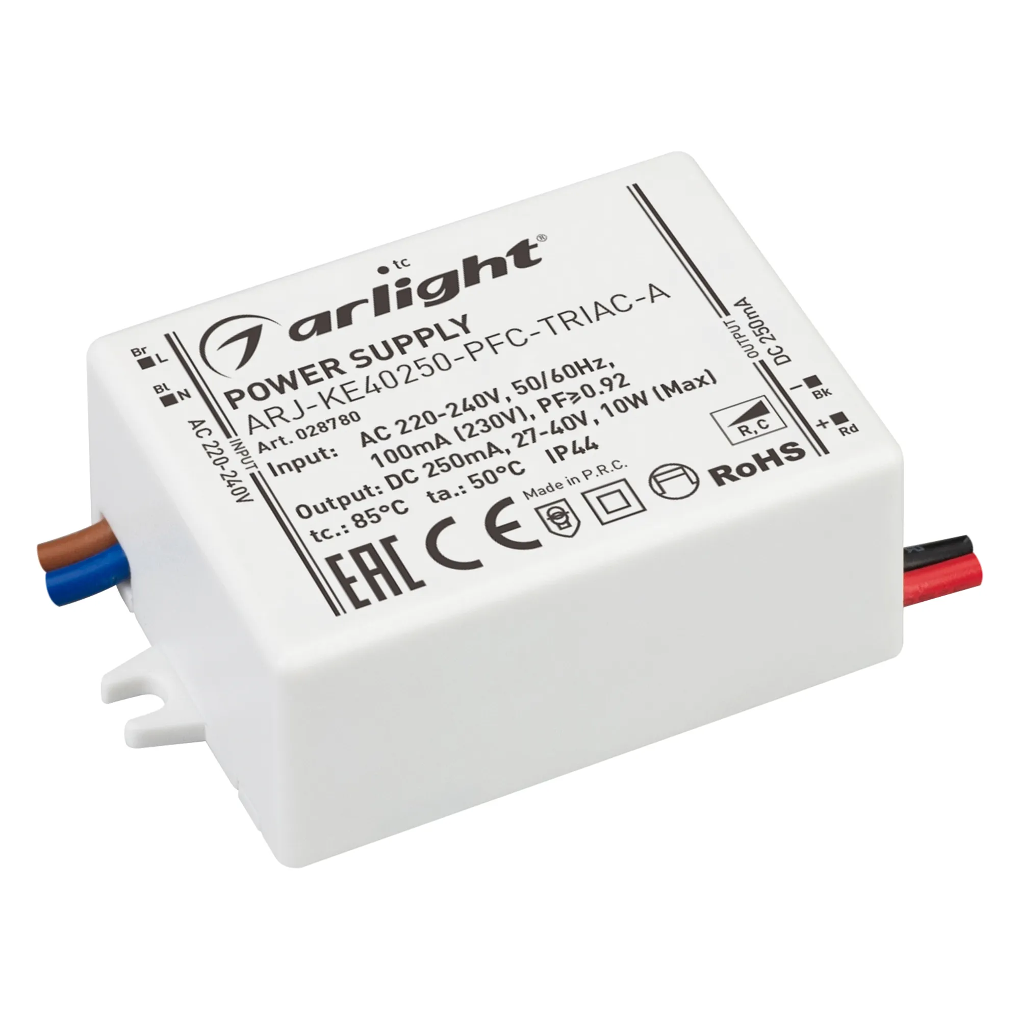 Блок питания ARJ-KE40250-PFC-TRIAC-A (10W, 250mA) (Arlight, IP44 Пластик, 5 лет) - изображение товара