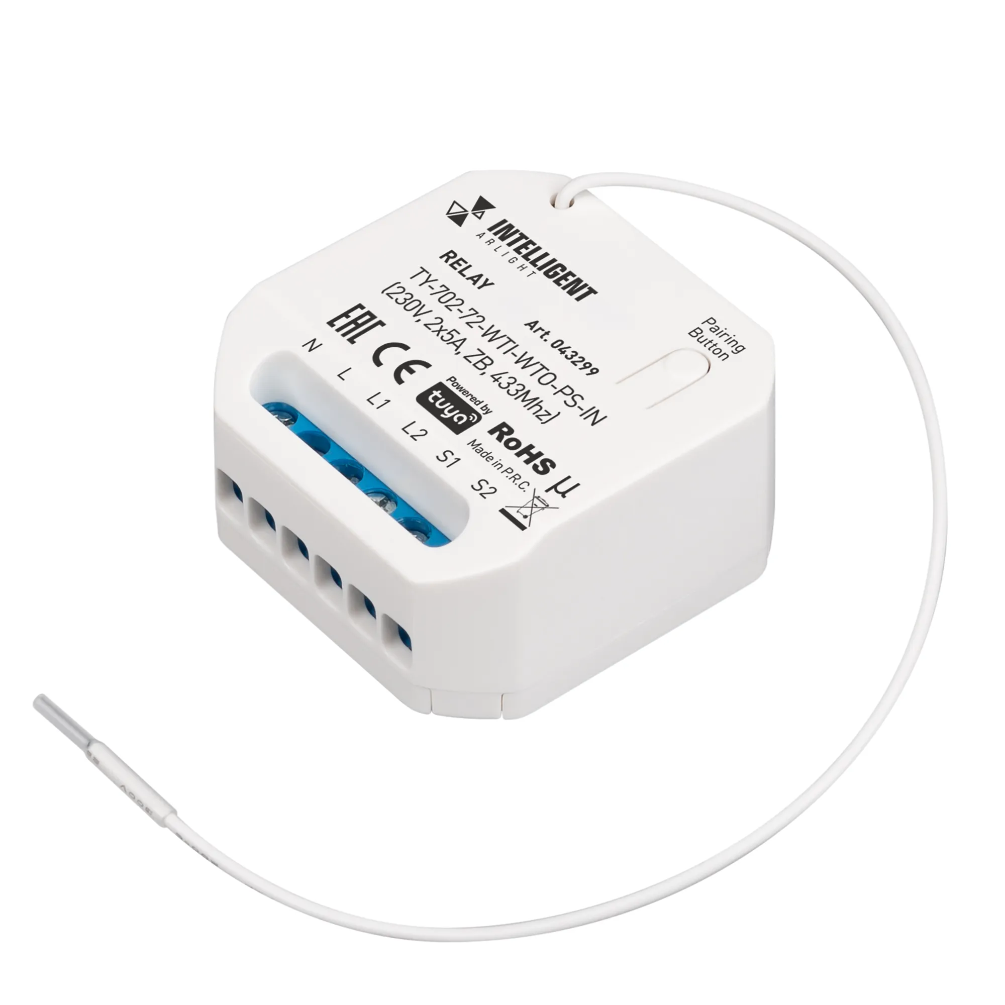 INTELLIGENT ARLIGHT Релейный модуль TY-702-72-WTI-WTO-PS-IN (230V, 2x5A, ZB, 433Mhz) (IARL, IP20 Пластик, 3 года) - изображение товара