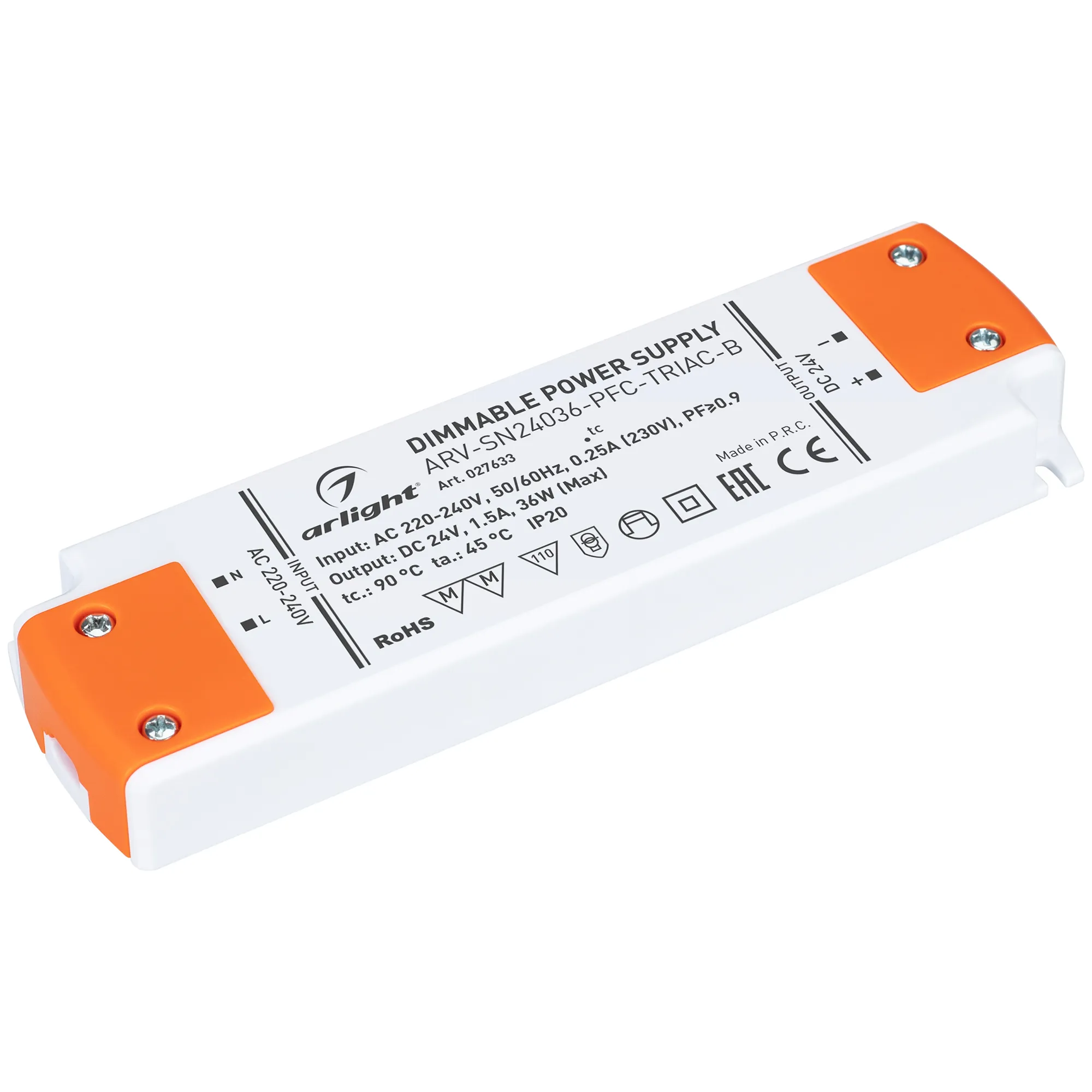 Блок питания ARV-SN24036-PFC-TRIAC-B (24V, 1.5A, 36W) (Arlight, IP20 Пластик, 3 года) - изображение товара